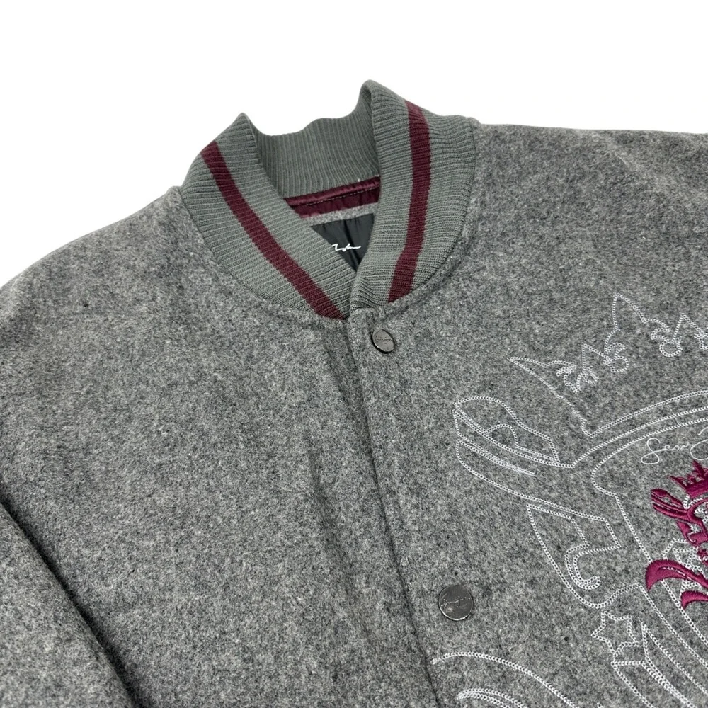 SEAN JOHN‎ Vintage Mens Grey Varsity Bomber Jacket Embroidery Snap Pockets XL